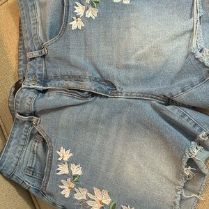 Floral Embroidered Light Blue Denim Shorts